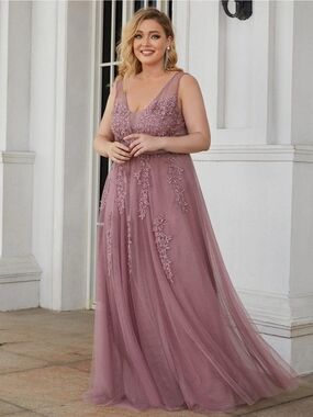 Ever Pretty Mauve Lace Appliqué V-Neck Maxi Gown